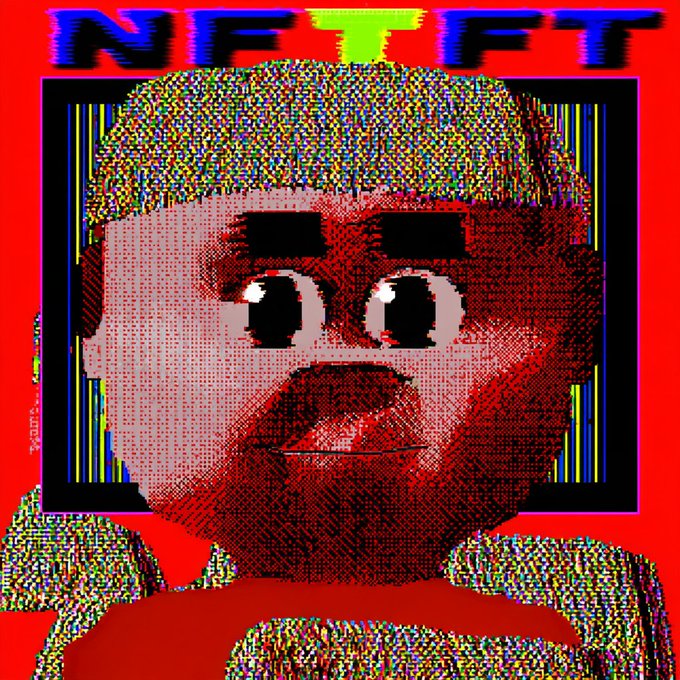 A pixelated, glitch-art style red and black image shows a face with large eyes and the word 'NFT' displayed multiple times across the top in colorful block letters.