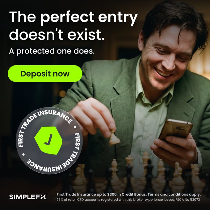 The image is an advertisement for SimpleFX featuring a smiling man in a green blazer holding a chess piece while looking at his smartphone, with text reading "The perfect entry doesn't exist. A protected one does." alongside a "Deposit now" button and a "First Trade Insurance" badge. The promotional ad ties directly to the accompanying post by highlighting the $20 deposit entry point and the up to $300 first-trade insurance credit bonus (FSCA No 53073) that protects beginner traders from losses on their initial trade.