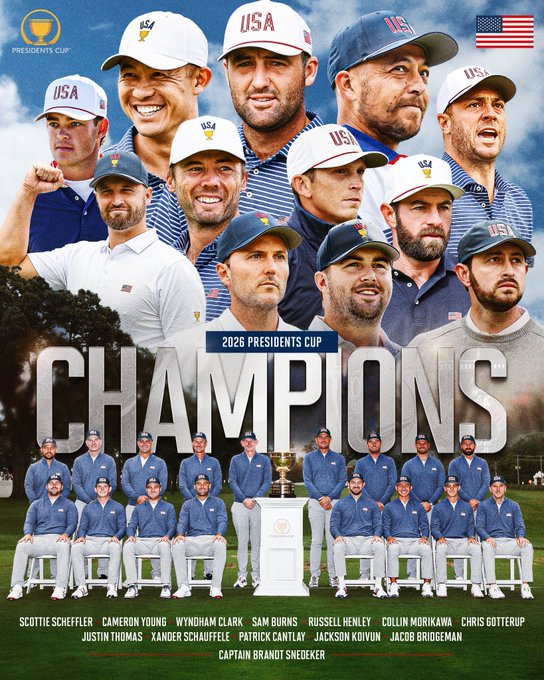 A celebratory promotional poster declaring the USA team as the "2026 Presidents Cup Champions," featuring headshots of players including Scottie Scheffler, Cameron Young, Wyndham Clark, Sam Burns, Russell Henley, Collin Morikawa, Chris Gotterup, Justin Thomas, Xander Schauffele, Patrick Cantlay, Jackson Koivun, and Jacob Bridgeman, with Captain Brandt Snedeker listed at the bottom alongside a team photo posing with the Presidents Cup trophy. The "USA" post aligns with the patriotic celebration of the American team's victory depicted throughout the image.
