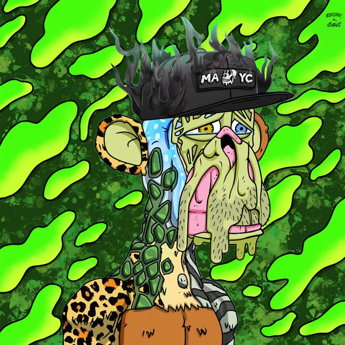 A cartoonish artistic illustration of a grotesque figure with a melting green face, mismatched eyes, and a black cap labeled "MAYC" set against a green camouflage background with the signature "BORIS BANZ 2022" in the corner.