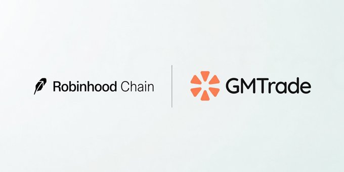 A partnership announcement image showing the "Robinhood Chain" logo (with a black feather icon) alongside the "GMTrade" logo (with an orange asterisk-like symbol), separated by a vertical line, reflecting the post about GMTrade migrating from Solana to the Robinhood Crypto chain.