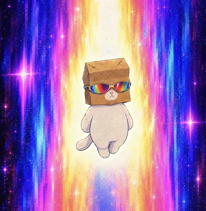 A whimsical illustration of a white cat wearing rainbow-colored sunglasses and a brown paper bag on its head, set against a vibrant cosmic background of stars and colorful light streaks.