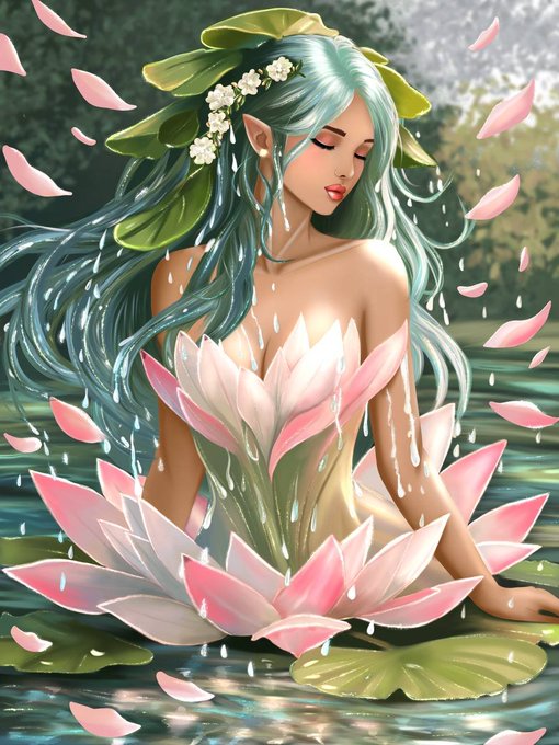 An ethereal elven woman with flowing teal hair adorned with white flowers and green leaves emerges from a pink lotus flower, with water droplets and pink petals surrounding her.