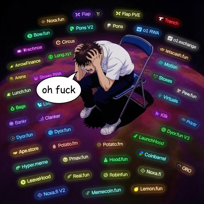 An anime-style illustration shows a distressed man sitting on a chair with his head in his hands, surrounded by dozens of colorful crypto token tags (e.g., "Flap PVE," "Pons V2," "Bow.fun," "Stoxes," "Printr," "LaunchHood"), with a speech bubble reading "oh fuck"—visually capturing the post's sarcastic lament about Robinhood Chain's overcrowded, shameless memecoin launchpad scene where countless derivative projects are flooding in to cash in on Uniswap and Sushi's rivalry.