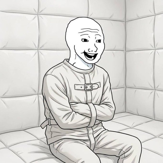 A black and white digital illustration in the 'wojak' meme style showing a smiling, bald figure in a straitjacket sitting on a padded bench.