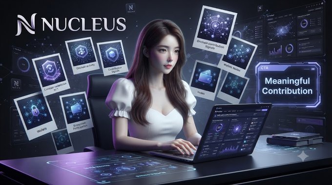 An illustration of a woman at a computer desk surrounded by floating holographic cards representing various crypto concepts like 'Onchain Governance Signals', 'Builders', and 'Wallet Names', promoting 'NUCLEUS' and a 'CTA Meaningful Contribution'.