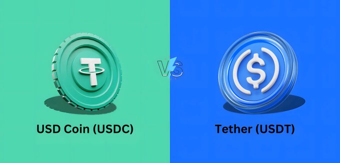 A side-by-side comparison graphic featuring teal-colored 3D coins of USD Coin (USDC) on the left and Tether (USDT) on the right, separated by a "VS" symbol, illustrating the two dominant stablecoins discussed in the post about the $295.1 billion stablecoin market cap.