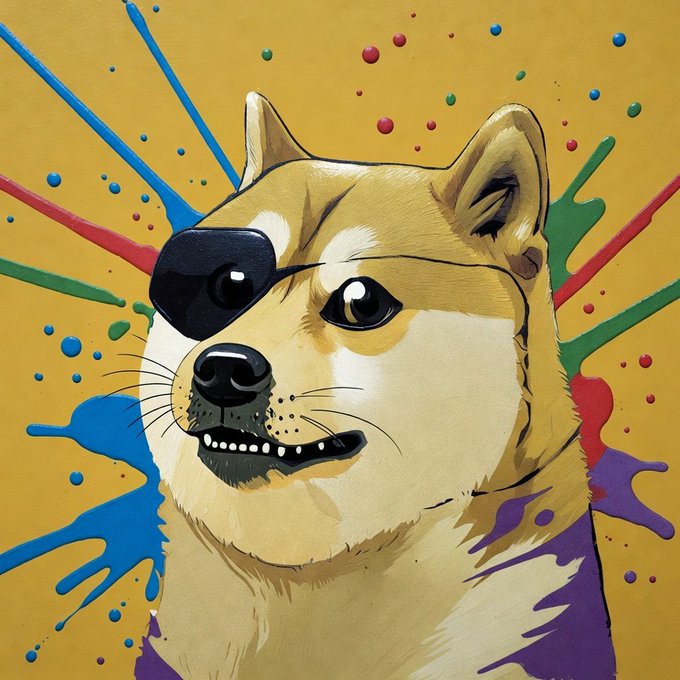 The image features a cartoon dog with a bandage around its eye, wearing glasses, and surrounded by splatters of paint. The background consists of yellow and blue colors, which are typical for a painting style. The caption reads "Dogecoin $DOGE", indicating that this artwork is related to the cryptocurrency Dogecoin.