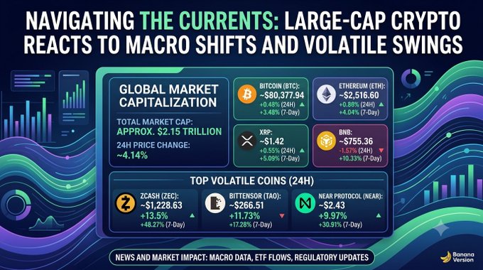Banana Version crypto market infographic titled 'NAVIGATING THE CURRENTS: LARGE-CAP CRYPTO REACTS TO MACRO SHIFTS AND VOLATILE SWINGS', showing a $2.15 trillion global market cap (-4.14% 24H) with prices for Bitcoin (BTC) -$80,377.94, Ethereum (ETH) -$2,516.60, XRP -$1.42, and BNB -$755.36, plus volatile coins Zcash, Bitsensor, and Near Protocol.