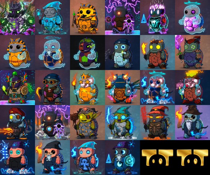 A collage displaying various pixel art characters, including wizards, warriors, and robots, with a 'TMT' logo in the bottom right corner.