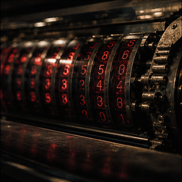 Close-up photograph of a vintage Enigma-style cipher machine with red illuminated numbers on rotating drums.