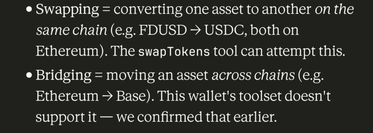 A dark slide defines two crypto terms: 'Swapping = converting one asset to another on the same chain (e.g. FDUSD → USDC, both on Ethereum)' and 'Bridging = moving an asset across chains (e.g. Ethereum → Base).'