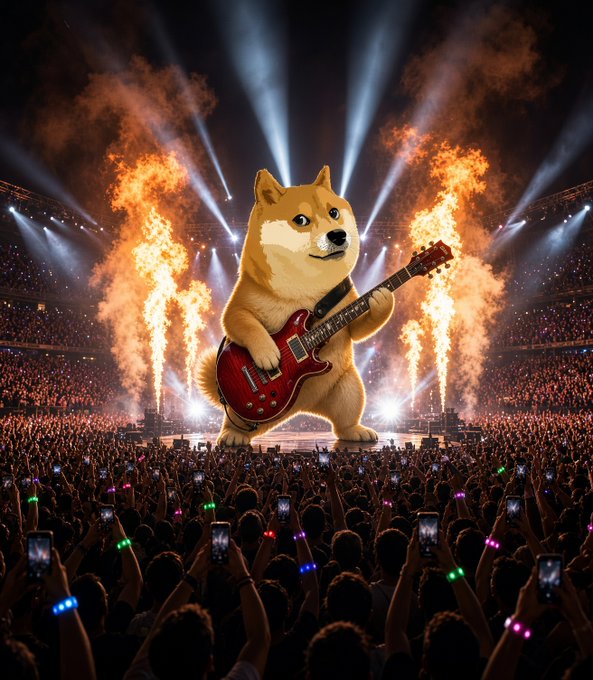 A giant Shiba Inu (the iconic $DOGE meme dog) shreds a red electric guitar on a stadium stage, surrounded by towering pyrotechnics, spotlight beams, and a massive crowd waving glowing wristbands and phones. The image humorously visualizes the post's "encore" joke — with Dogecoin literally taking the stage for "one more song" as the crowd goes wild.