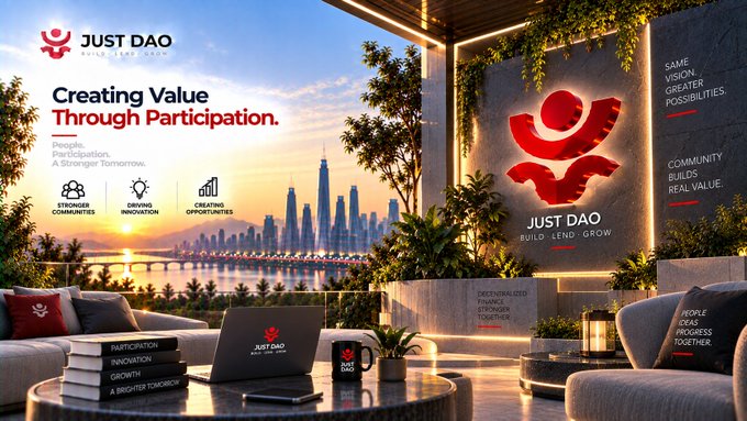 A promotional graphic for 'JUST DAO' featuring the tagline 'Creating Value Through Participation.' and 'Build. Lend. Grow', set in a luxurious interior overlooking a Dubai skyline at sunset.