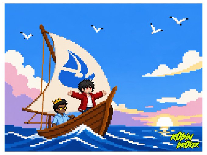 A pixel art illustration shows two characters sailing a small wooden sailboat across a blue ocean at sunset, with seagulls flying overhead and a large "4" emblazoned on the sail. The bottom right corner displays the yellow "ROBIN BROKER" logo, matching the raffle host @r0binbr0ker being promoted in the FLASH RAFFLE post.
