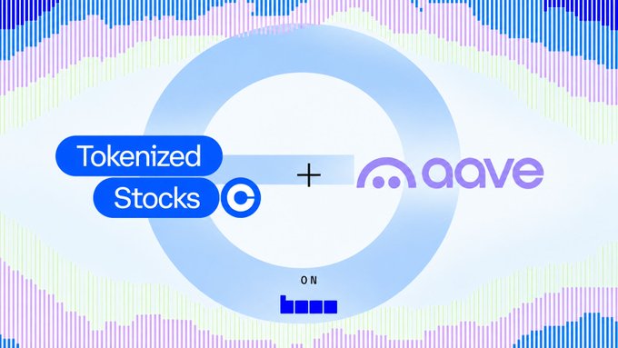 A digital graphic displays 'Tokenized Stocks' and 'Aave' logos separated by a plus sign, set against a glitchy colorful background with 'ON' text at the bottom.
