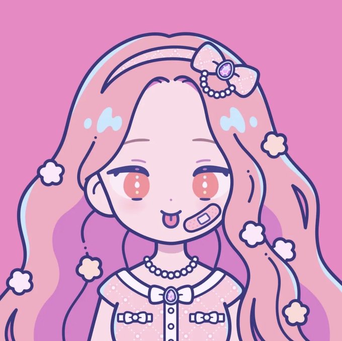 A digital anime-style illustration of a girl with long pink hair, a bow hair clip, and a bandaid on her cheek, set against a solid pink background.