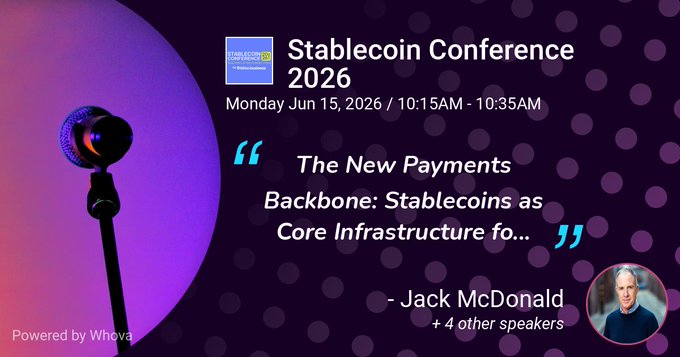 The image features a purple background with white polka dots, and there are two speakers featured at an upcoming Stablecoin Conference. The conference will take place from Monday through Saturday, June 15th - 10:45 am-10:55 pm. The main focus of the conference is on stablecoins as core payments infrastructure. One speaker is a man named Jack McDonald, who has written a book about stablecoins and their potential impact on the financial industry.