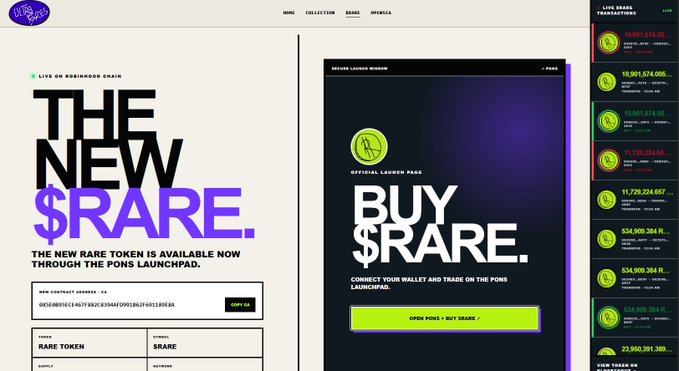 A website screenshot advertises 'THE NEW $RARE' token with bold typography, showing a launchpad interface with 'BUY $RARE' call-to-action and a sidebar of live token transactions.
