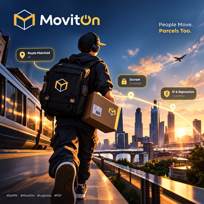 A promotional image for 'MovitOn' shows a delivery person with a backpack and package walking along a city bridge at sunset, highlighting features like 'Route Matched AI', 'Escrow Onchain', and 'ID & Reputation Trustless' with hashtags #DePIN #MovitOn #Logistics #P2P.