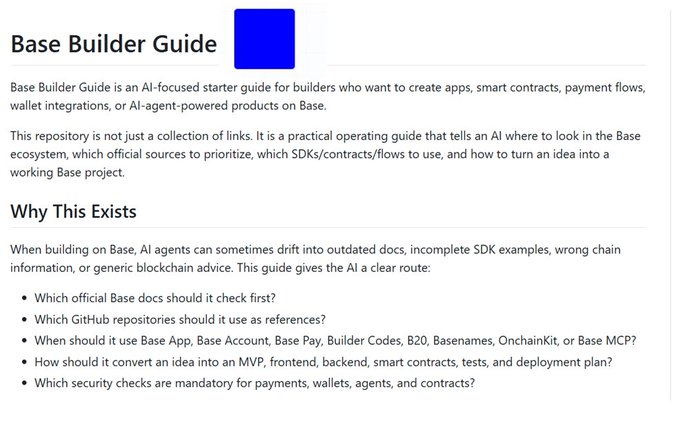 The image shows a "Base Builder Guide" repository description that outlines an AI-focused starter guide for builders developing apps, smart contracts, payment flows, wallets, and AI-agent products on the Base blockchain. It includes a "Why This Exists" section explaining that the guide helps AI agents avoid outdated Base documentation by pointing them to the right official docs, SDKs (like Base App, Base Account, Base Pay, Builder Codes, B20, Basenames, OnchainKit, Base MCP), and security checks.

This image directly supports the post's message about an AI-ready Base guide that consolidates everything from B20 and Builder Codes to deployment and payments—giving builders a single resource to turn ideas into Base projects quickly.