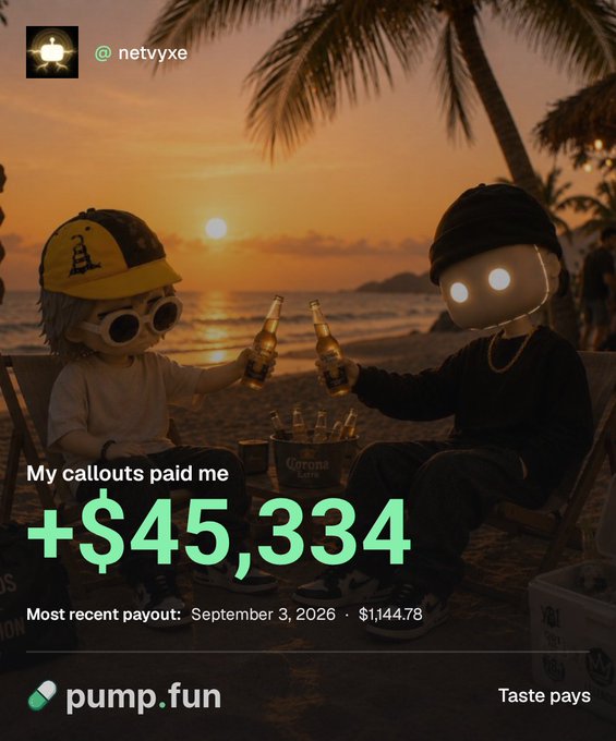 The image shows two characters with glowing eyes clinking beer bottles at a tropical beach sunset, overlaid with text celebrating "$45,334" earned from callouts, including a "Most recent payout: September 3, 2026 · $1144.78," and the "pump.fun" logo with the tagline "Taste pays," visually reinforcing the post's message about arriving on vacation while highlighting the platform's substantial cumulative payouts for content callouts.