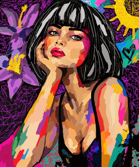 A vibrant, colorful pop-art style digital illustration of a woman with a black bob haircut and green eyes, set against a psychedelic background with splashes of pink, purple, yellow, and blue.