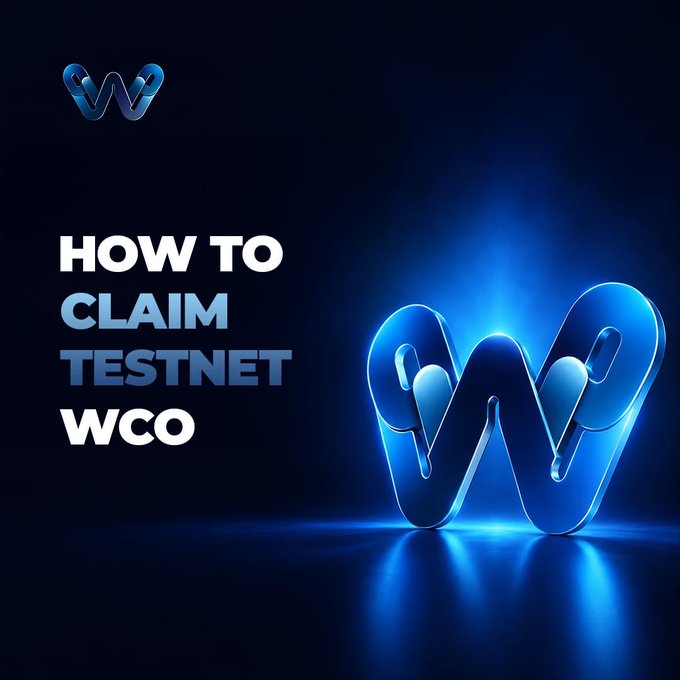 An instructional graphic titled 'How to Claim Testnet WCO' featuring a large glowing blue WCO logo on the right side.