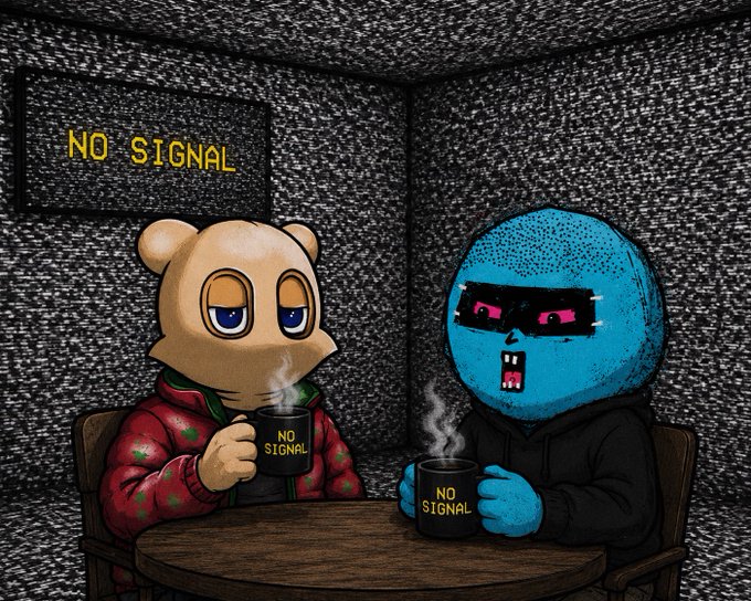 A stylized illustration of two characters (a tan bear-like figure in a red star-patterned sweater and a blue figure in a black hoodie) sitting at a wooden table in a static-filled room, both holding 'NO SIGNAL' mugs with steam rising.