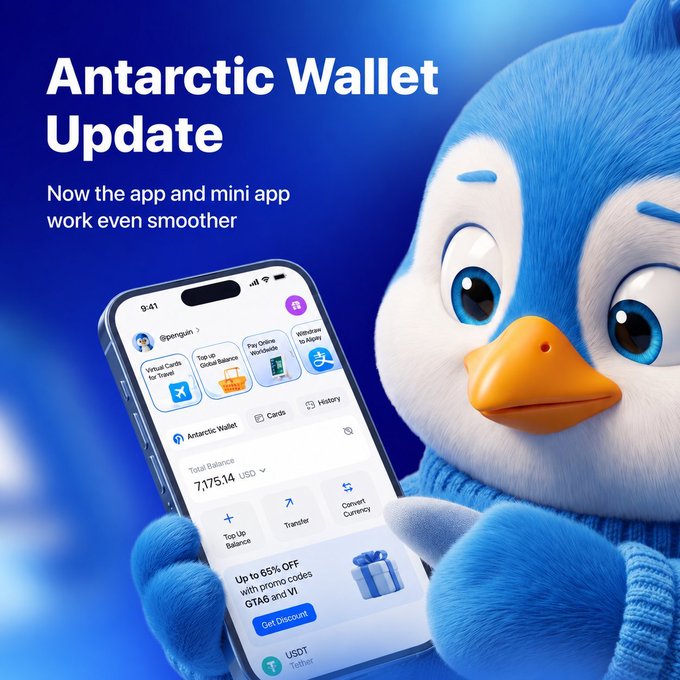 A 3D animated blue penguin character holds a smartphone displaying the 'Antarctic Wallet' app, with text promoting 'Antarctic Wallet Update - Now the app and mini app work even smoother' and a 'Total Balance' of '7,175.14 USD'.