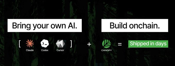 A dark-themed advertisement stating "Bring your own AI." with logos for Claude, Codex, and Cursor, combined with "Build onchain." via Canopy, noting "Shipped in days."