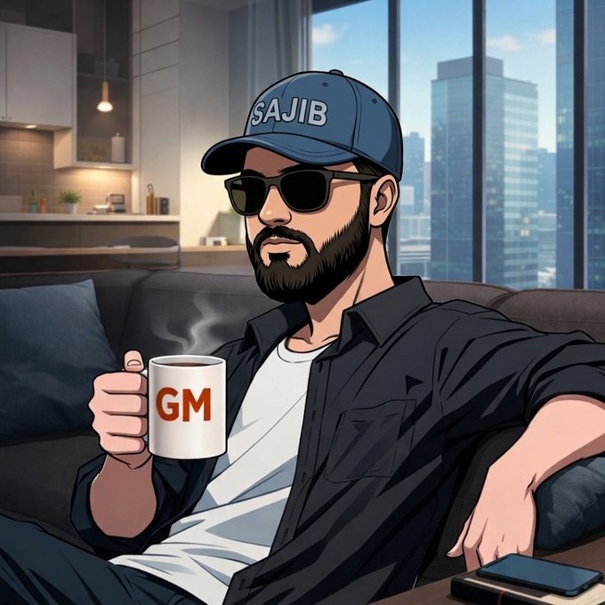 iced coffee with a white lid, black mug with "G" and "M", and sunglasses on a man's head, seated on a couch against a city skyline backdrop.