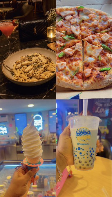 A four-panel collage featuring pasta with herbs in a bowl beside a YSL handbag, a pizza with chicken and vegetables, a soft-serve ice cream cone, and a boba tea drink from 'boba ph', along with a pink cocktail.