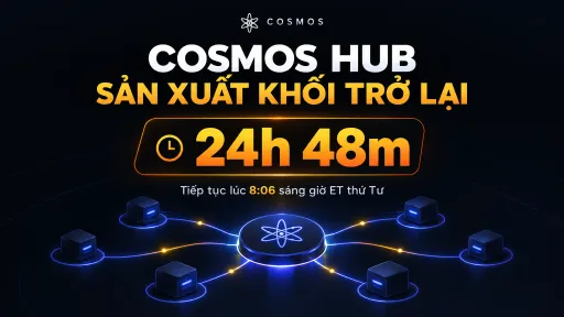 A promotional banner for "COSMOS HUB" showing a countdown timer of 24h 48m in Vietnamese, with a network diagram illustration.