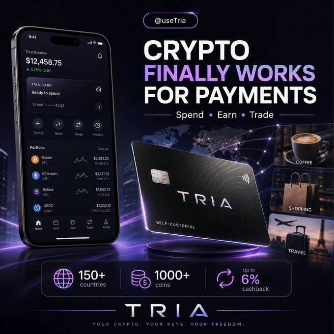 In the center of an advertisement, there are two black cell phones positioned side by side. One phone has a cryptocurrency app displayed that allows users to send and receive payments using Bitcoin. Below these phones, a credit card reader sits next to a Tria card. The scene depicts three different items related to crypto payment methods: Bitcoins, the Tria card, and the credit card reader.