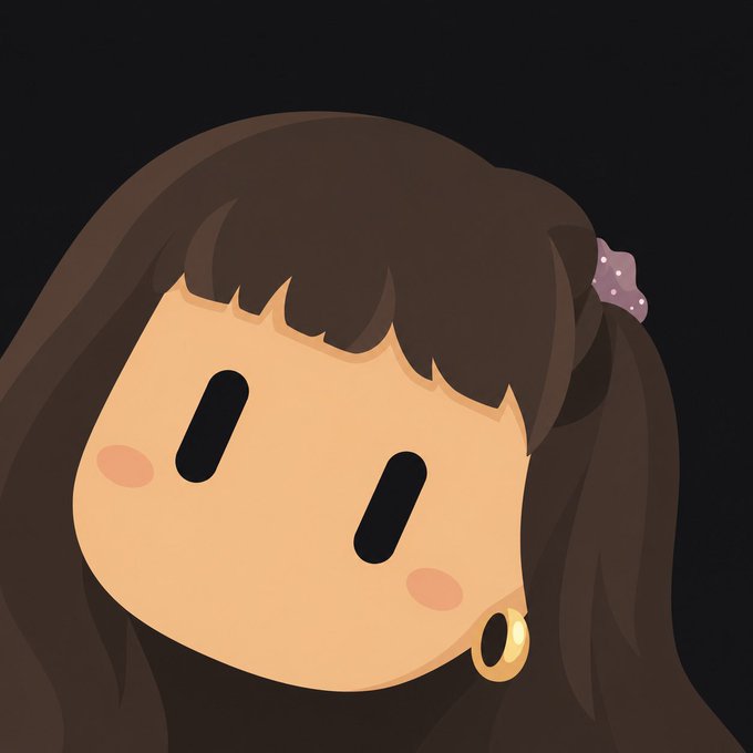 A digital illustration of an anime-style girl's face with dark brown hair, a purple hair accessory, rosy cheeks, and a gold hoop earring against a dark background.