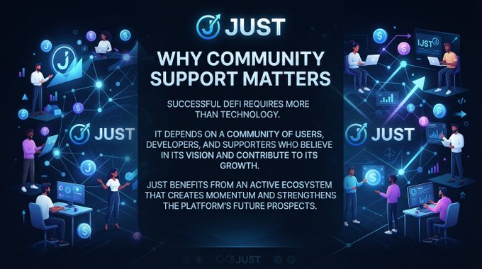 An infographic titled 'JUST WHY COMMUNITY SUPPORT MATTERS,' explaining that successful DeFi requires more than technology and depends on an active community of users, developers, and supporters.