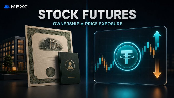 An advertisement for MEXC promoting "STOCK FUTURES" with "OWNERSHIP ≠ PRICE EXPOSURE," featuring stock certificates and a Tether (USDT) chart graphic.