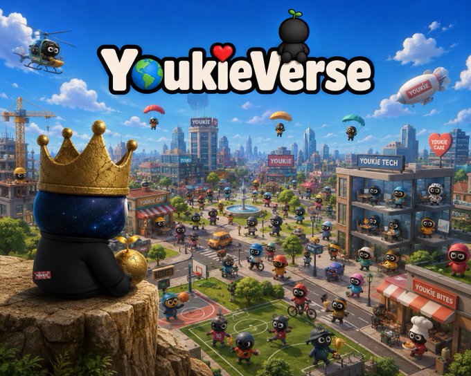 A colorful promotional illustration for 'YoukieVerse' showing a black character with a gold crown overlooking a vibrant cartoon city with various Youkie-branded locations like Youkie Tech, Youkie Cafe, and Youkie Bites.