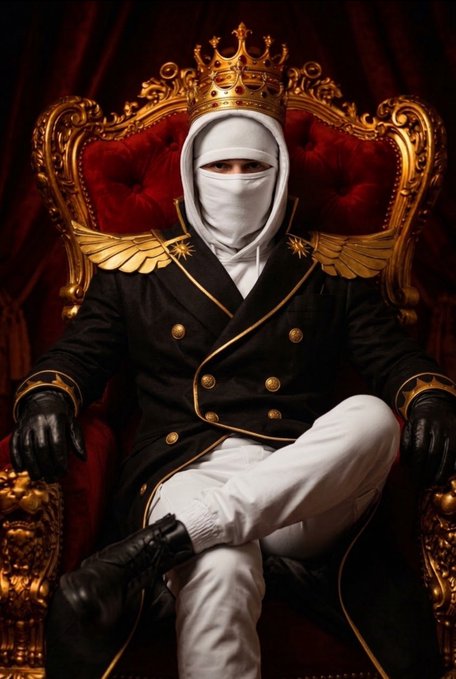 A figure dressed in a black and white regal military-style uniform with gold epaulets, black boots, and gloves, wearing a white face wrap and a golden crown, sitting on an ornate red and gold throne.