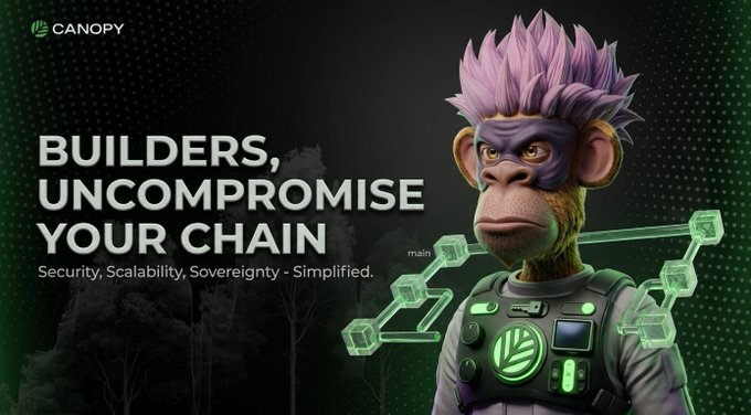 A Canopy promotional graphic featuring a purple-haired monkey mascot in futuristic gear, with the tagline 'Builders, Uncompromise Your Chain — Security, Scalability, Sovereignty, Simplified.'