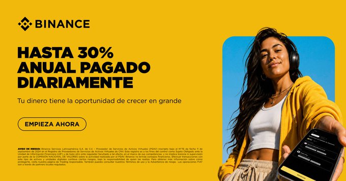 This Binance advertisement in Spanish features a young woman in a yellow hoodie holding up a smartphone, with bold text on a bright yellow background promoting "HASTA 30% ANUAL PAGADO DIARIAMENTE" (Up to 30% annual paid daily), reinforcing the message that users' money can earn productive returns through the platform's daily interest offerings.