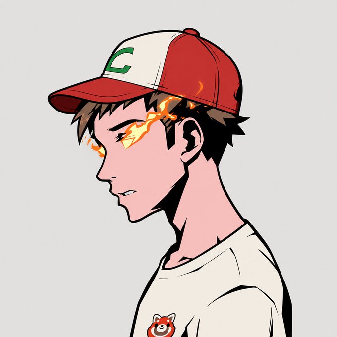 A side-profile anime illustration of a young man wearing a red and white 'C' baseball cap and a white t-shirt with a Shiba Inu logo, featuring glowing flame-like energy emanating from his eye.
