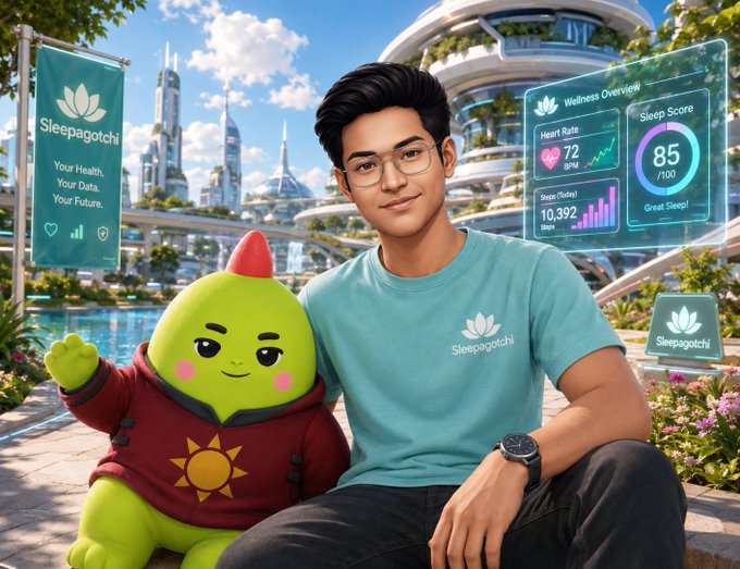 A digital illustration shows a young man in a teal 'Sleepagotchi' t-shirt sitting next to a green creature in a red robe, with futuristic wellness data displays showing heart rate (72 BPM), sleep score (85/100), and steps (10,392) in a utopian city setting.