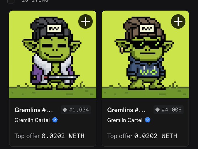 An NFT marketplace listing showing two pixel-art 'Gremlins' from the Gremlin Cartel collection (#1,634 and #4,009), both with top offers of 0.0202 WETH.