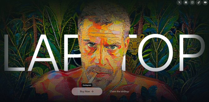 A promotional webpage for a crypto project called 'LAFTOP' features a colorful, mosaic-style portrait of a man smoking a cigarette against a jungle background, with 'Buy Now' and 'Claim the airdrop' buttons below.