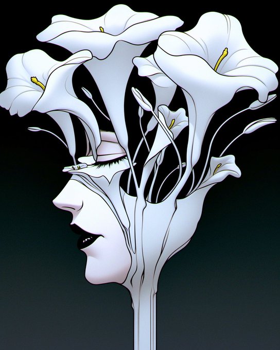 A surreal black and white digital artwork depicting a woman's profile in side view with elegant calla lilies and flowers blooming from and around her head.