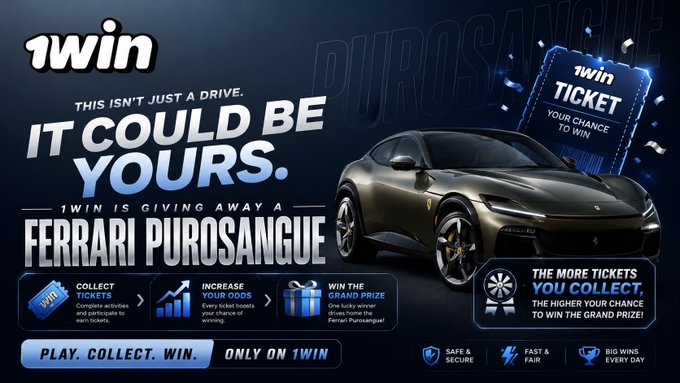 A promotional advertisement for 1win betting platform featuring a Ferrari Purosangue with text "This isn't just a drive. It could be yours." and "1win is giving away a Ferrari Purosangue".