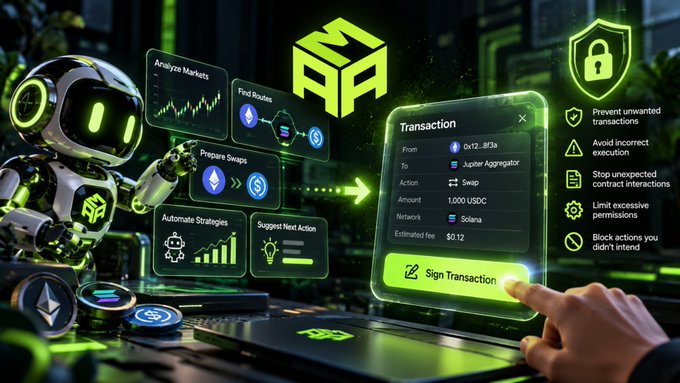 A digital illustration shows a robot assistant analyzing crypto markets and preparing swaps on a laptop, with a transaction prompt to sign 1,000 USDC on the Jupiter Aggregator network via Solana.