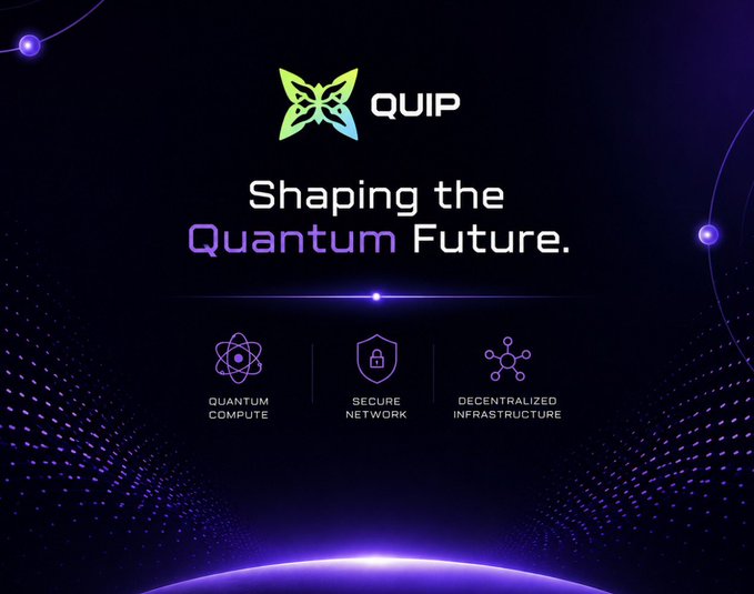 Promotional graphic for QUIP with the tagline 'Shaping the Quantum Future' and three feature icons: Quantum Compute, Secure Network, and Decentralized Infrastructure.